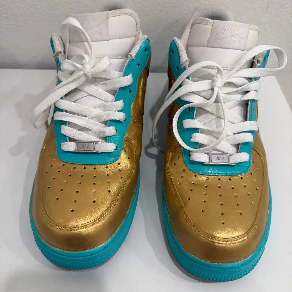 Nike Air Force 1 Low Custom Gold Teal Painted Leather Men’s 10.5